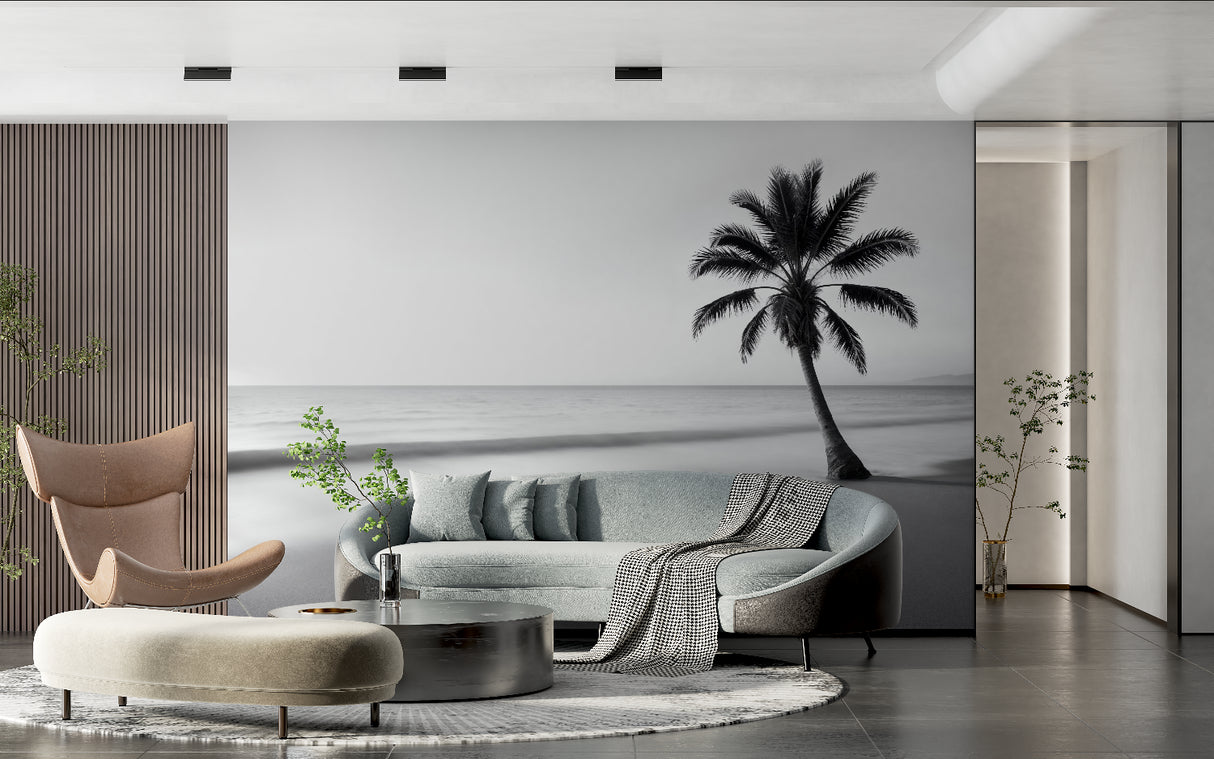Black and white beach scene wallpaper making a statement in dining room