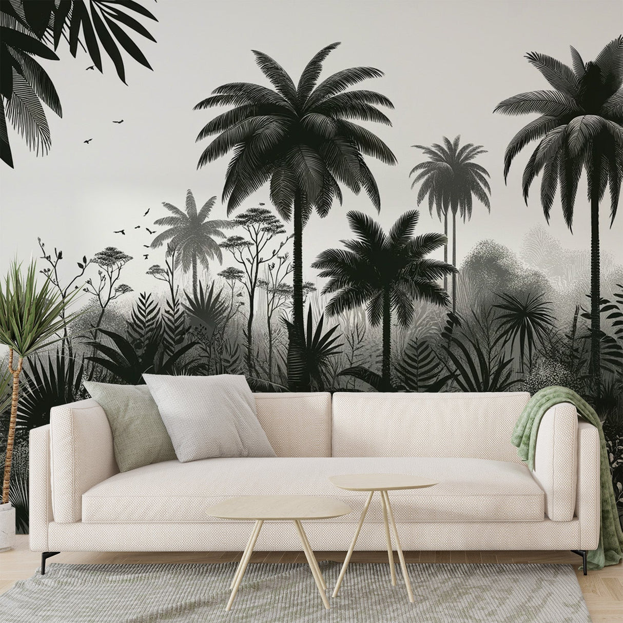 Black and white tropical palm forest wallpaper mural styled in a modern living room with minimal furniture