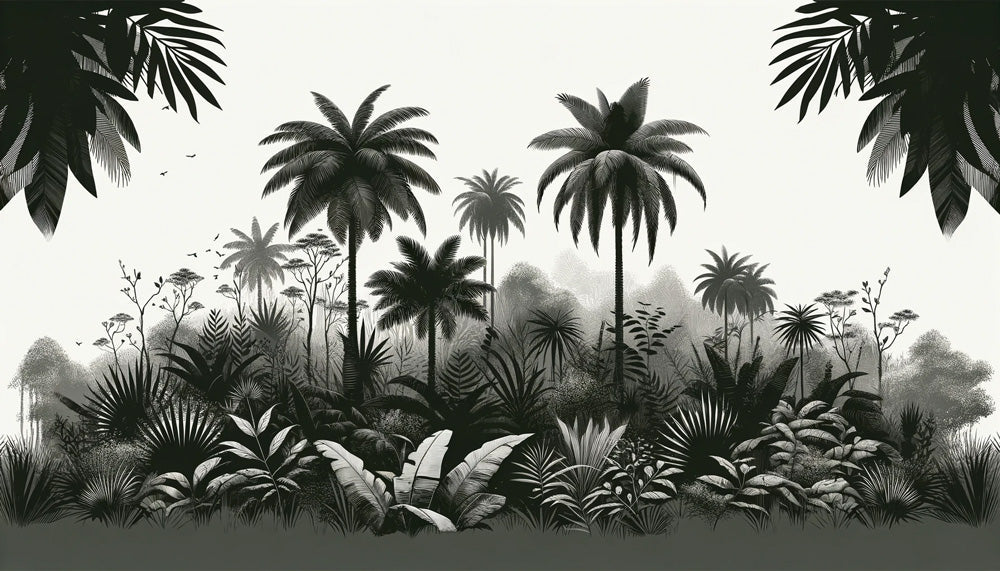 Black and white palm forest wallpaper design file showing detailed tropical pattern