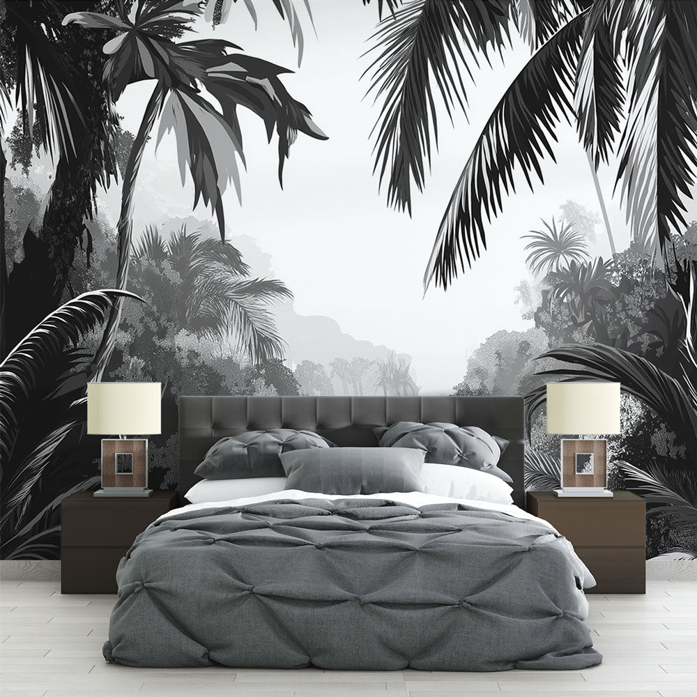 Black and white tropical palm forest wallpaper in modern minimalist living room with natural light