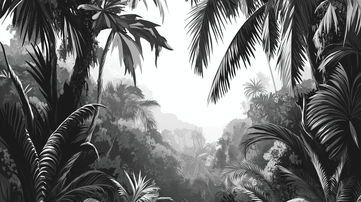 Black and white palm forest wallpaper design file showing intricate leaf details