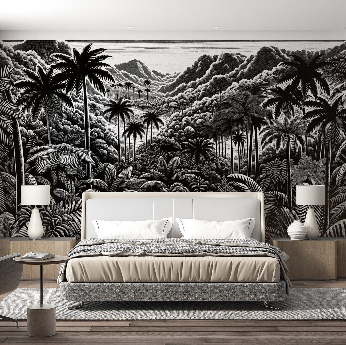 Black and white tropical palm forest mural wallpaper creating a dramatic focal point in a modern living room setting