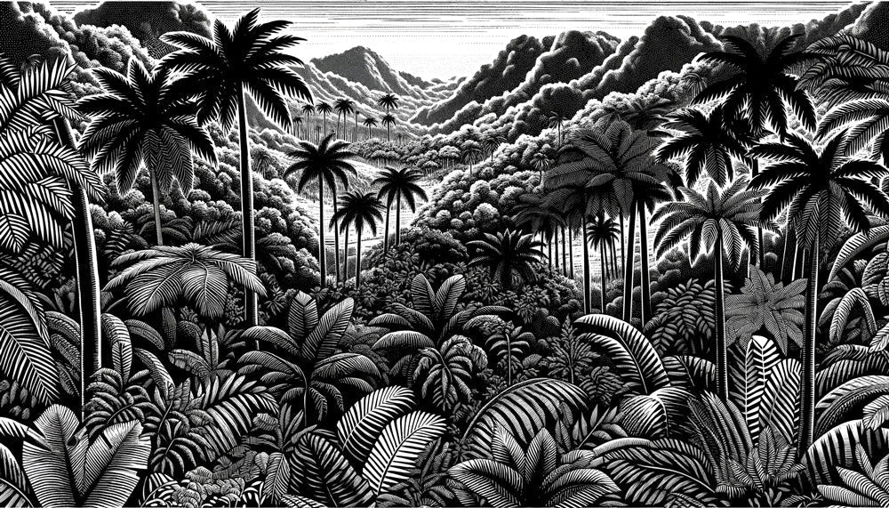 Black and white palm forest wallpaper design file showing detailed tropical landscape pattern