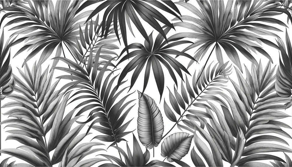 Black and white palm leaf wallpaper design file showing detailed botanical pattern