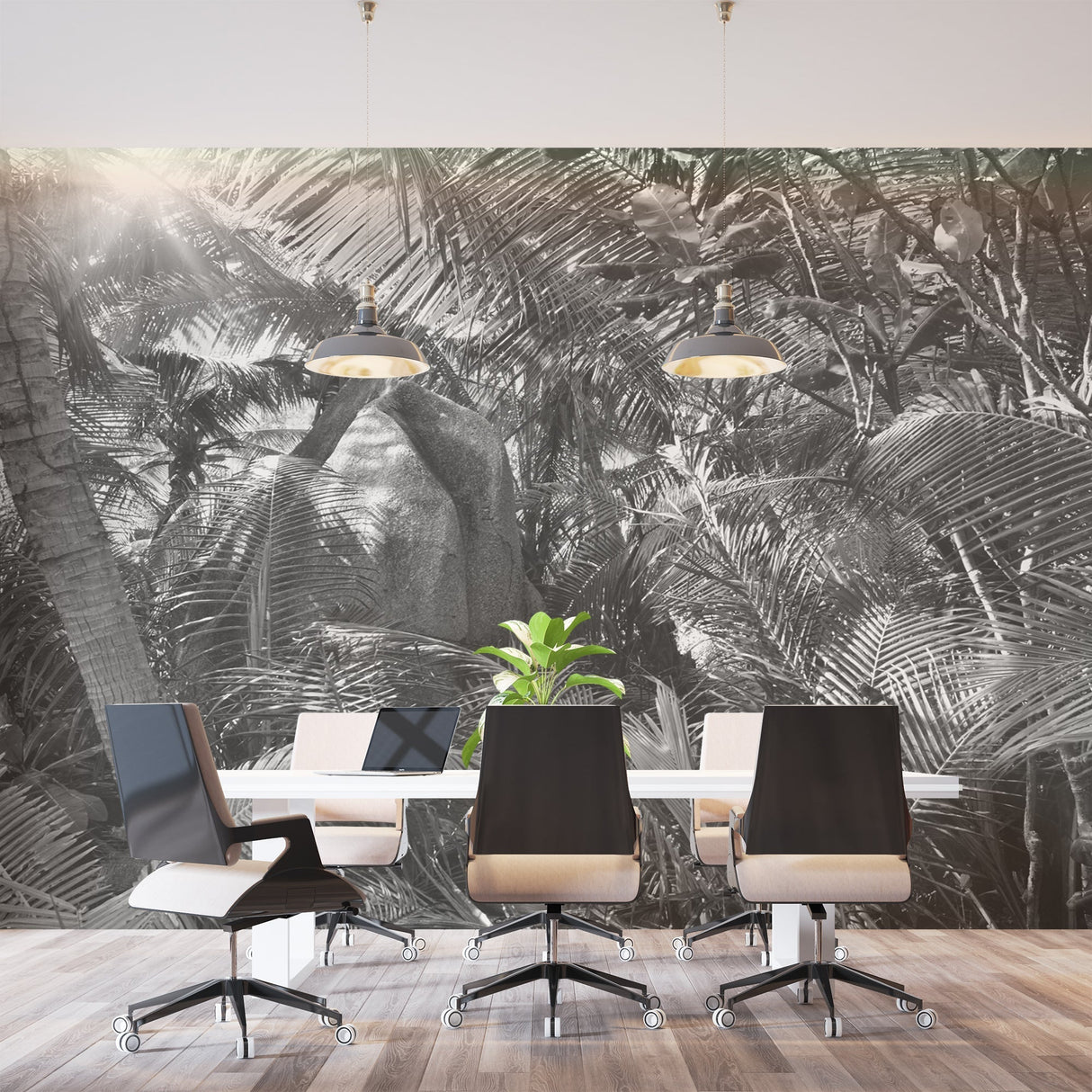 Tropical palm leaves wallpaper in modern minimalist living room, black and white design creating dramatic shadows