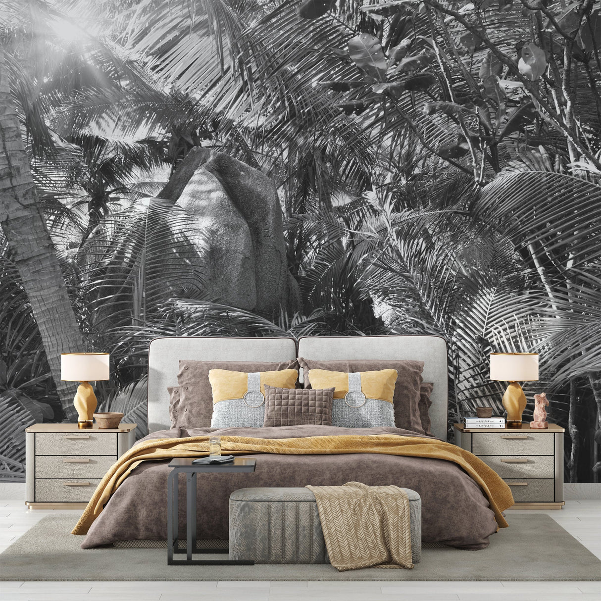 Black and white tropical wallpaper in luxury master bedroom, monochrome palm pattern adding depth