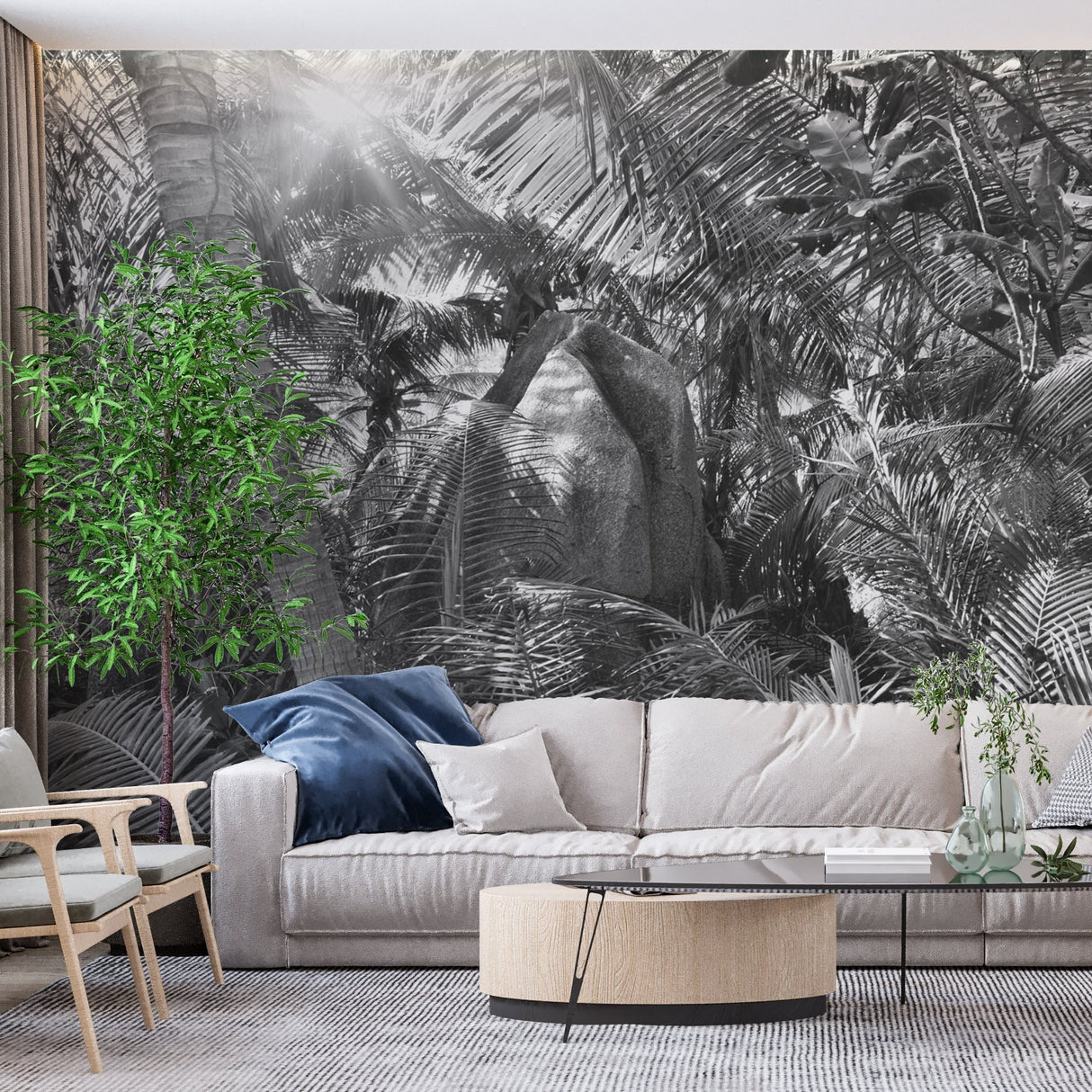 Sophisticated home office with palm leaves wallpaper, black and white botanical print making statement wall