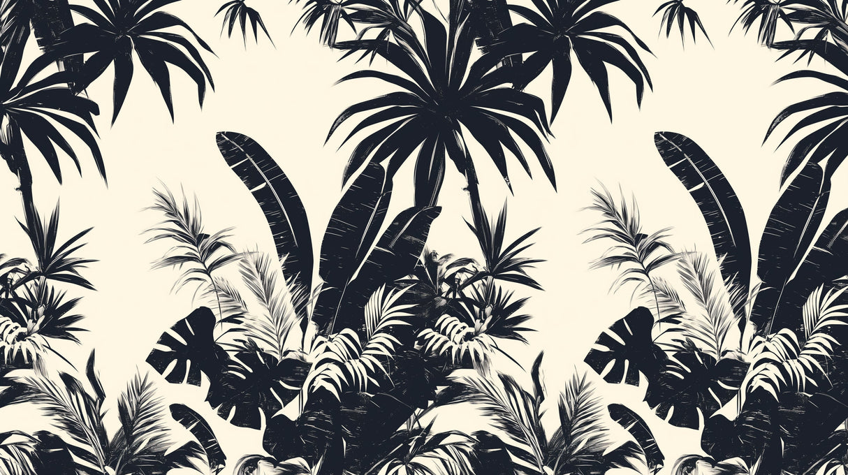 Black and white tropical palm leaf wallpaper creating dramatic impact in a modern living room with minimalist furniture
