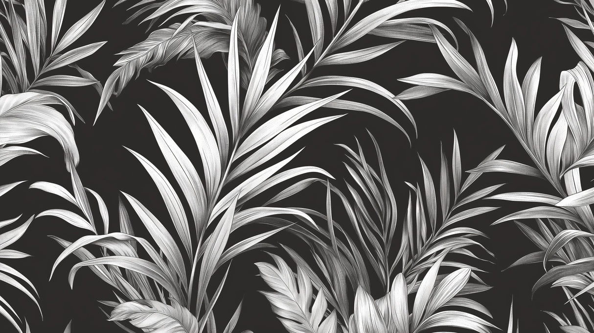Black and white palm leaves wallpaper design file showing detailed botanical pattern