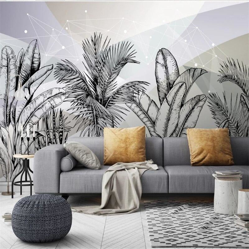 Botanical wall mural in black and white transforming a home office setting