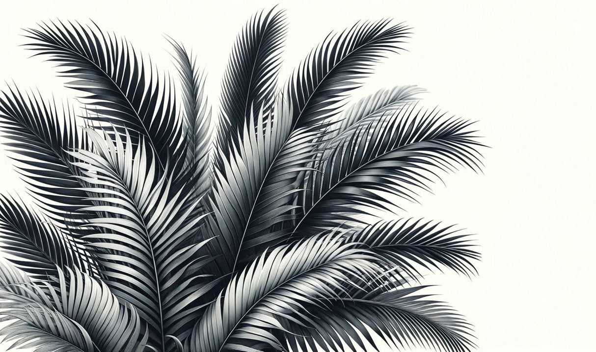 Black and white palm leaves wallpaper design file showing detailed tropical pattern