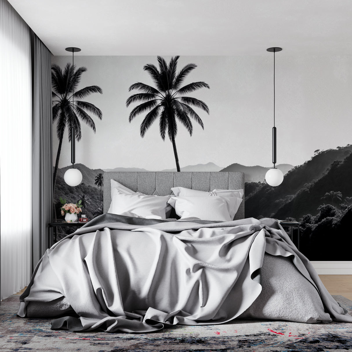 Monochrome palm tree mural adding depth to minimalist bedroom space