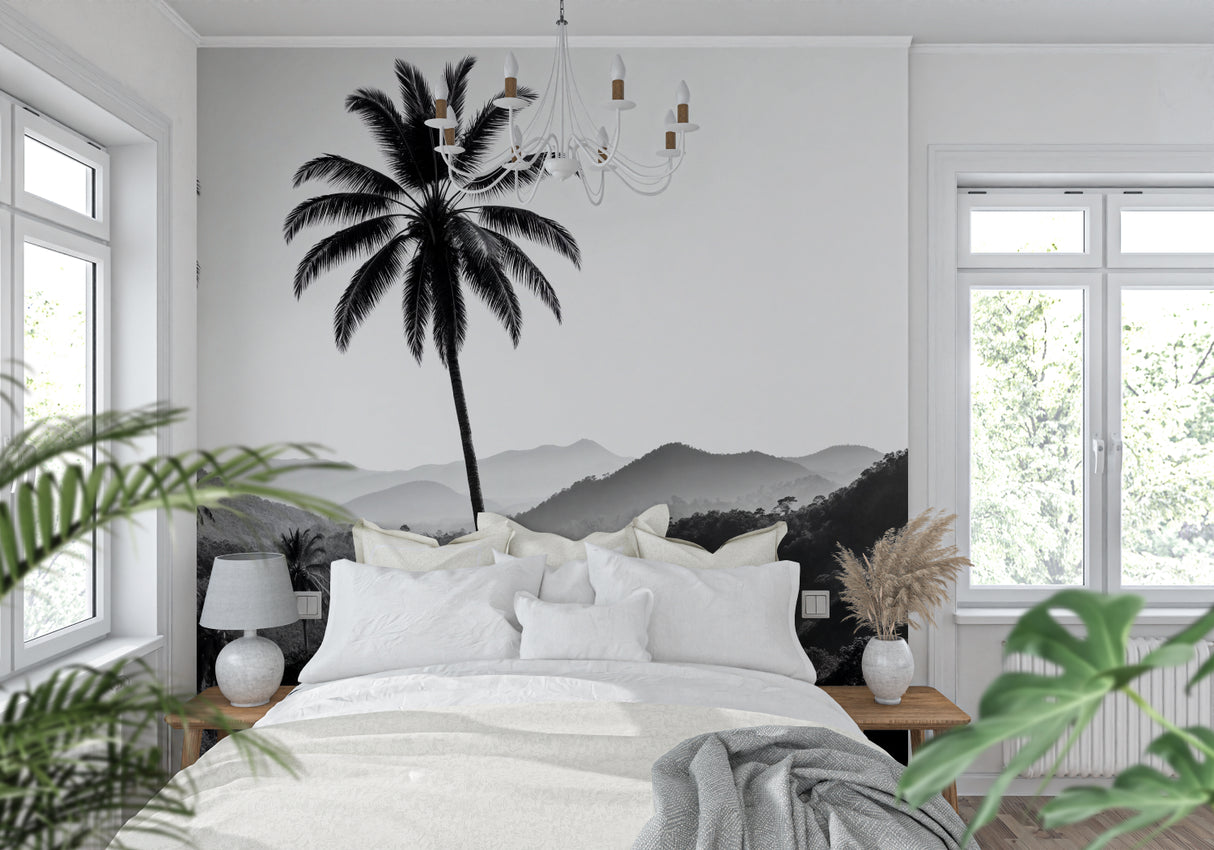 Black and white palm mountain mural transforming modern dining room