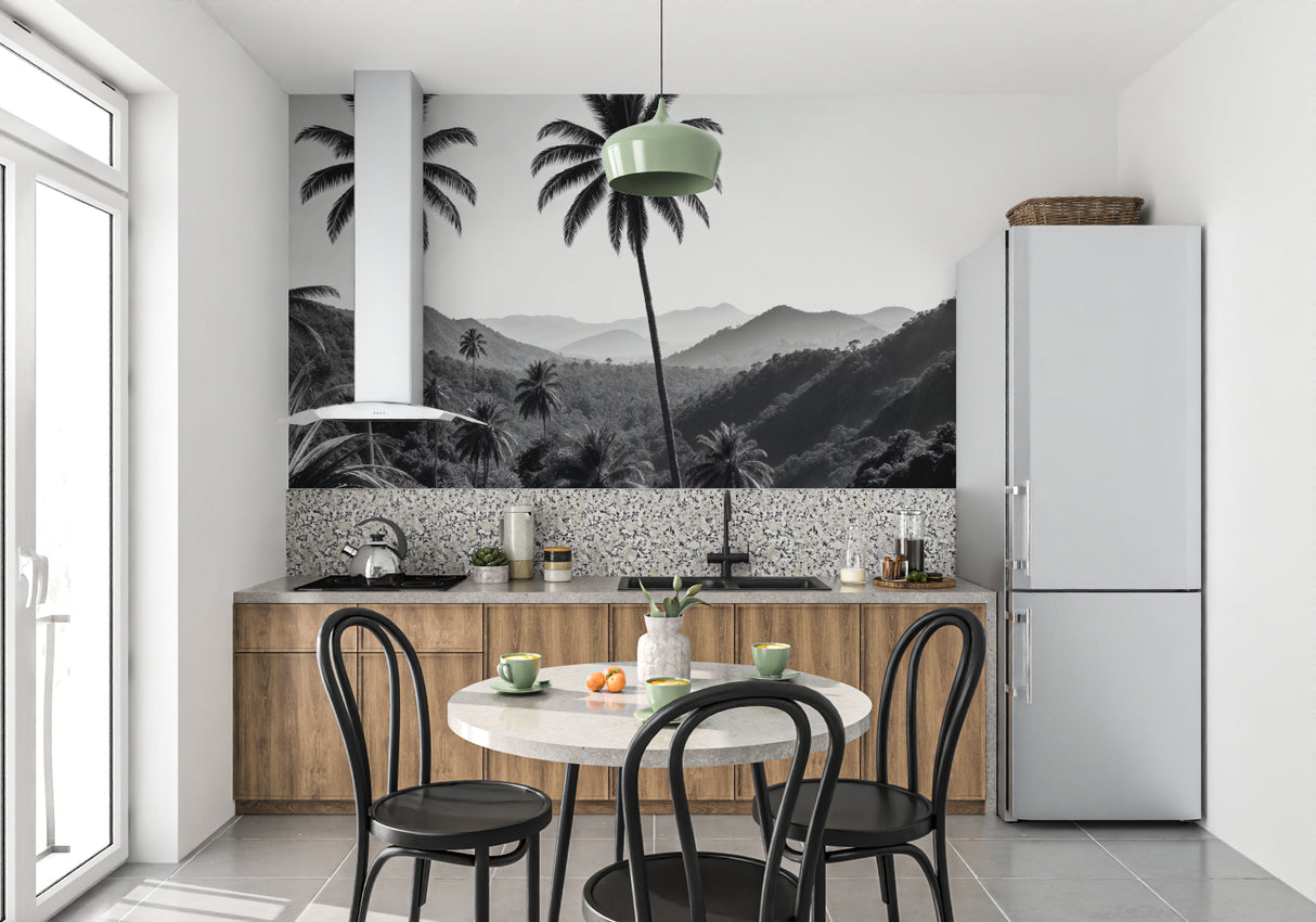 Sophisticated palm tree wallpaper enhancing boutique hotel lobby