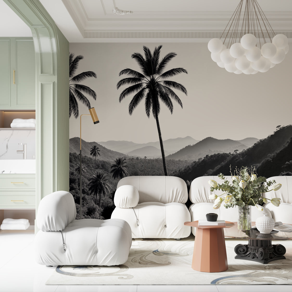 Black and white tropical landscape wallpaper creating drama in modern living room with grey sofa
