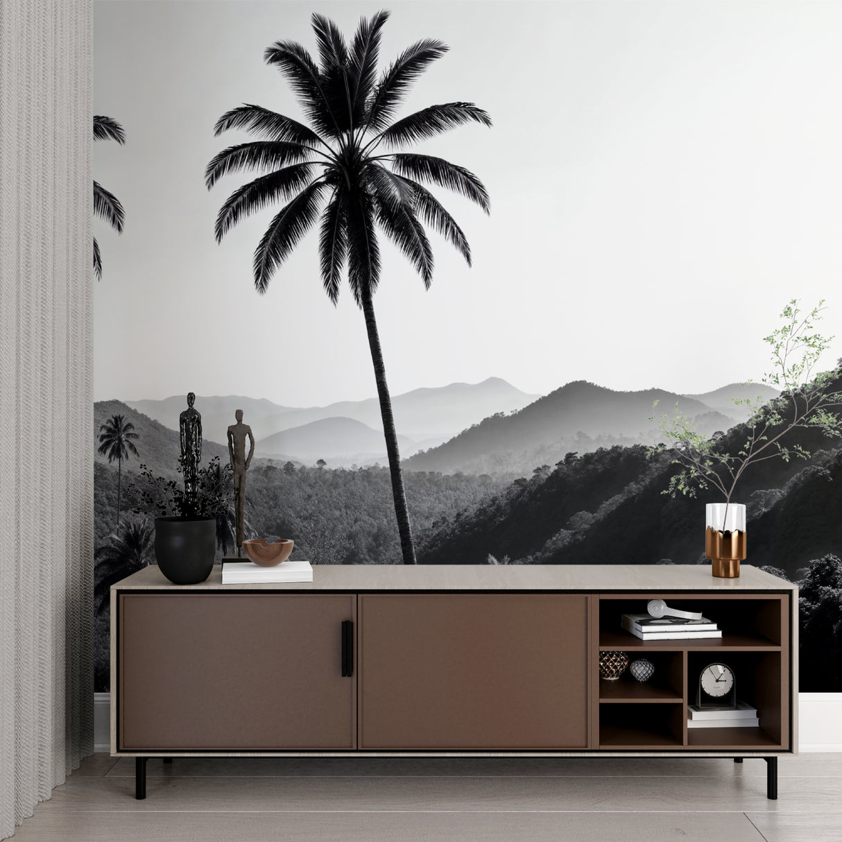 Monochrome palm tree mural in minimalist bedroom setting with natural light