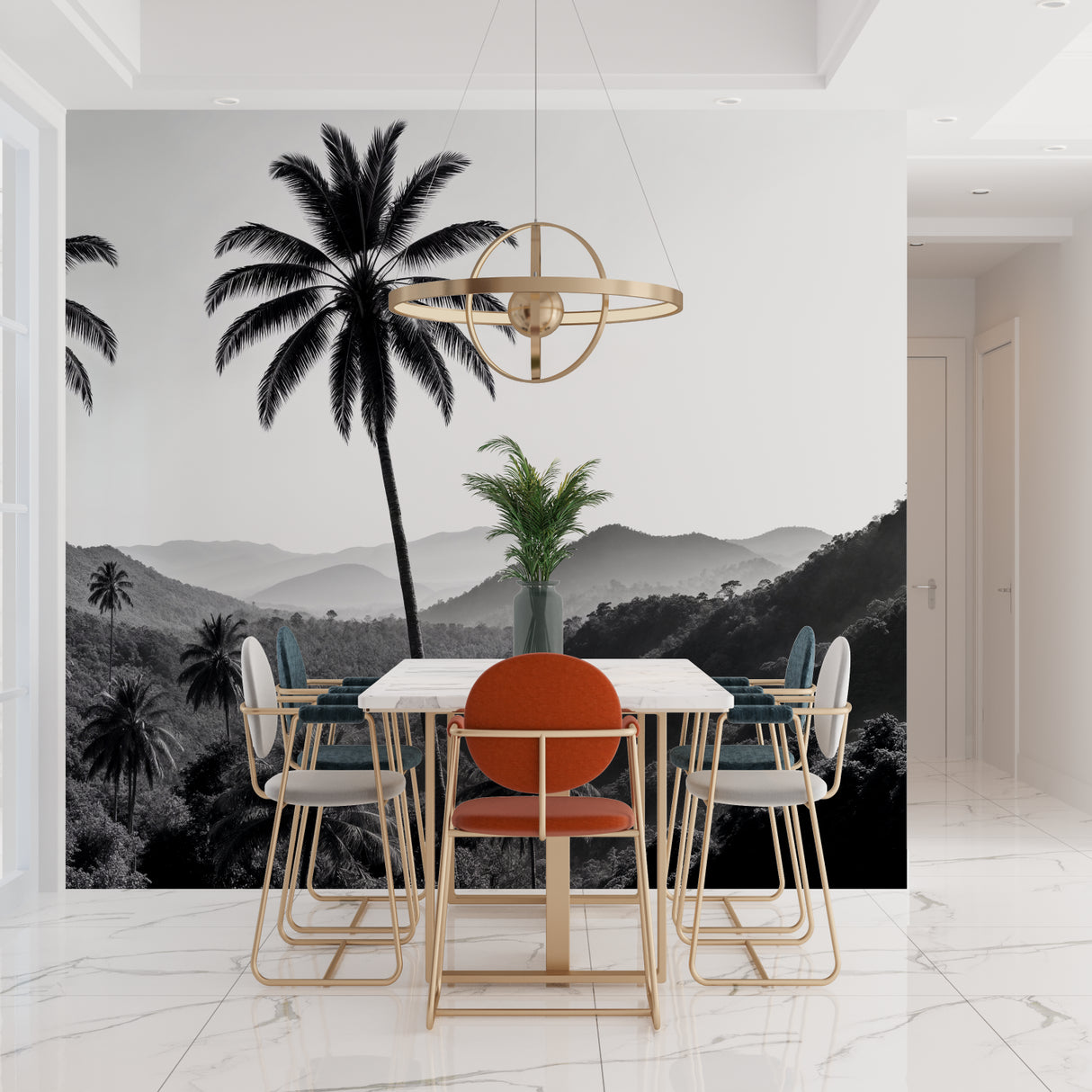 Black and white mountain palm wallpaper in contemporary dining room space