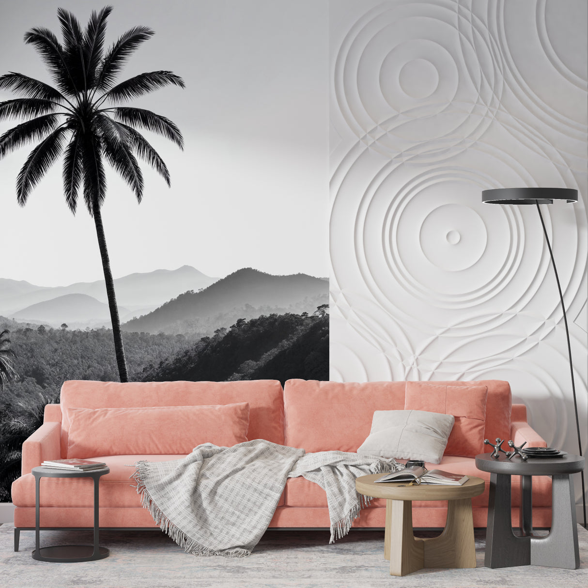 Tropical palm wallpaper creating depth in modern home office setup