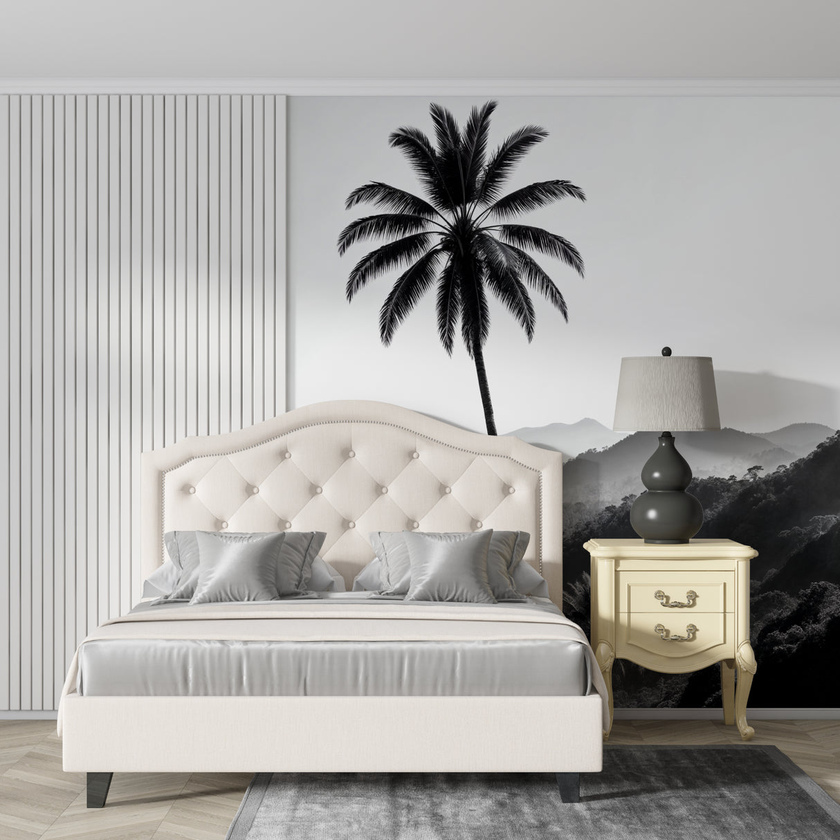 Palm mountain scene mural adding drama to stylish bathroom design