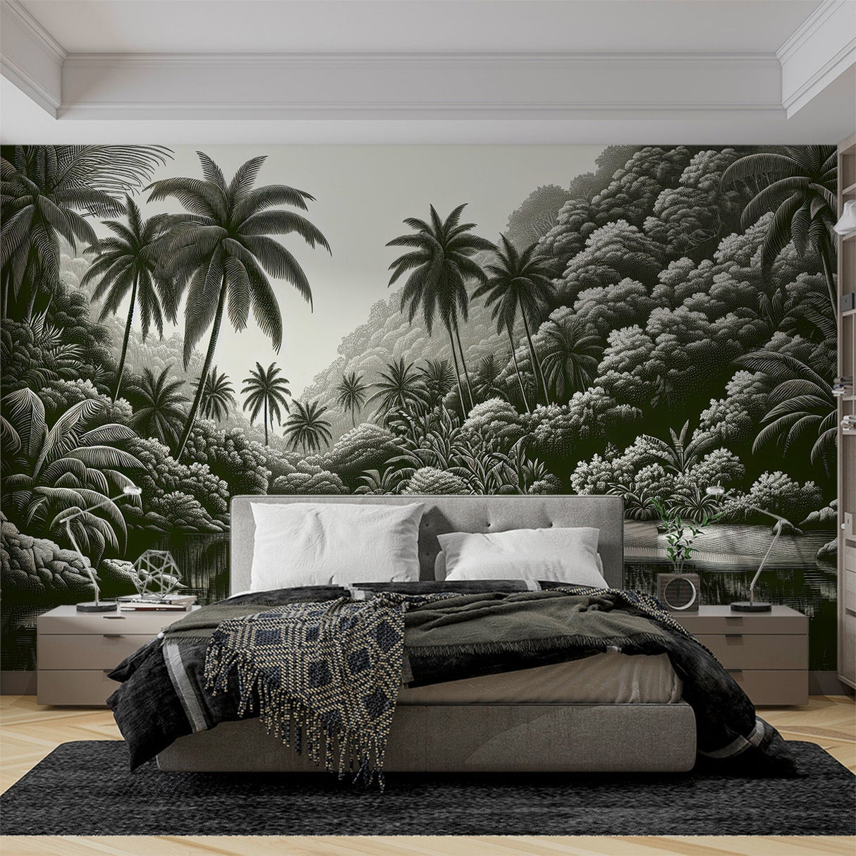 Black and white tropical palm wallpaper creating depth in a modern living room with minimalist furniture