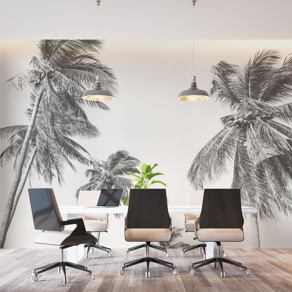 Black and white palm tree wallpaper in modern living room creating dramatic contrast against neutral furniture