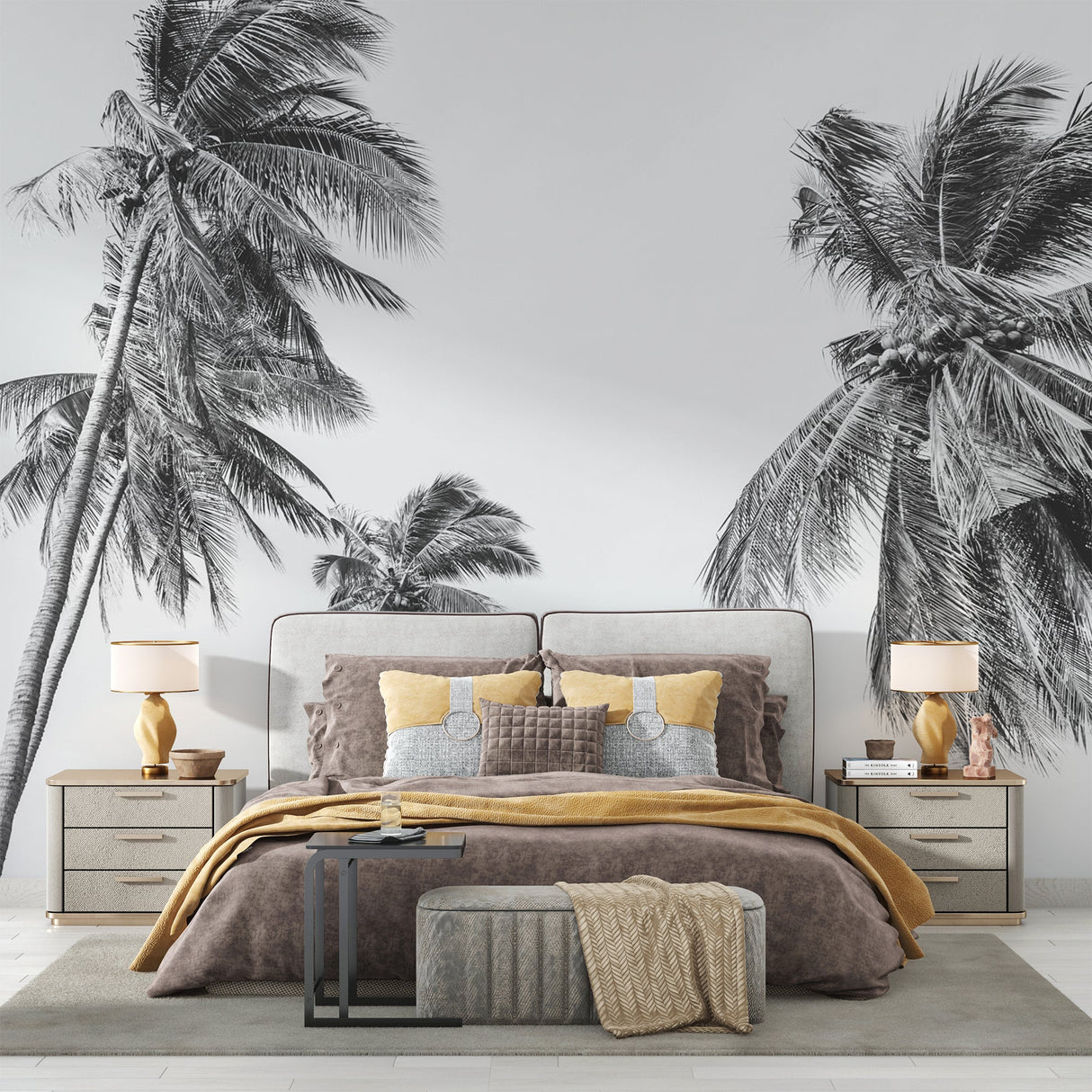 Monochrome tropical palm mural in minimalist bedroom showing scale and impact