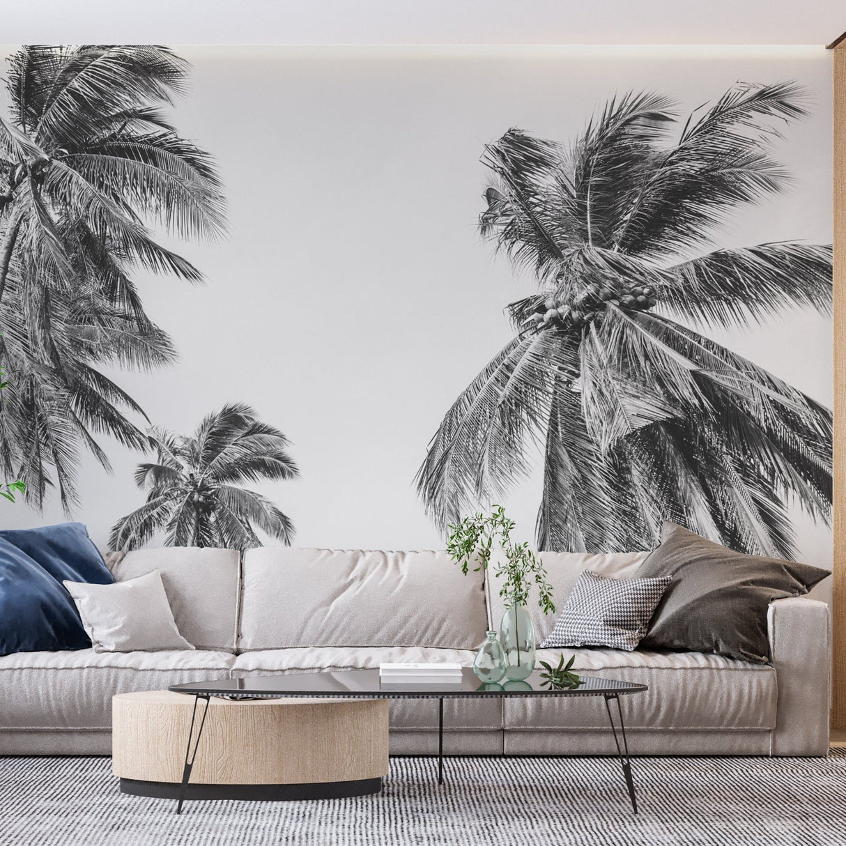 Black and white palm wallpaper in home office space highlighting architectural details