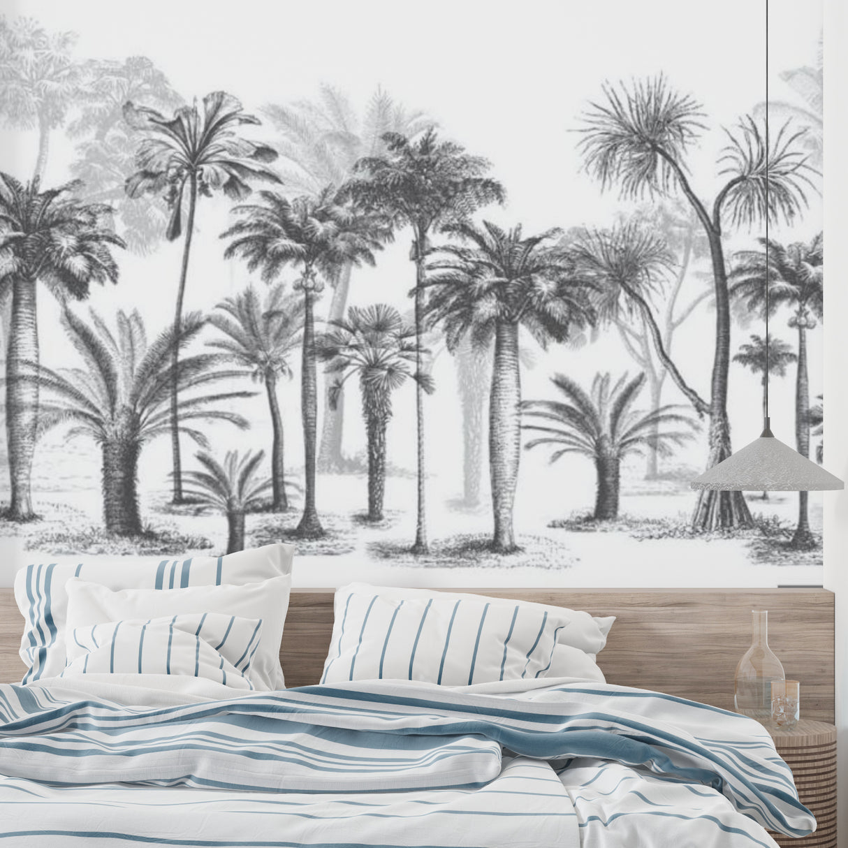 Contemporary palm tree wallpaper creating depth in a minimal hallway setting