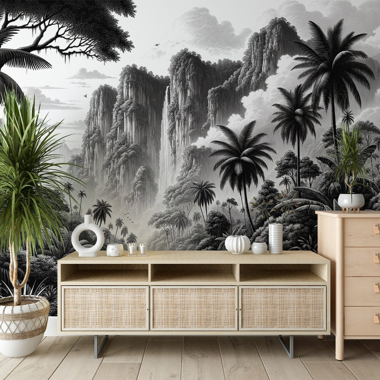 Tropical paradise black and white wallpaper mural creating depth in a modern living room with minimal furniture