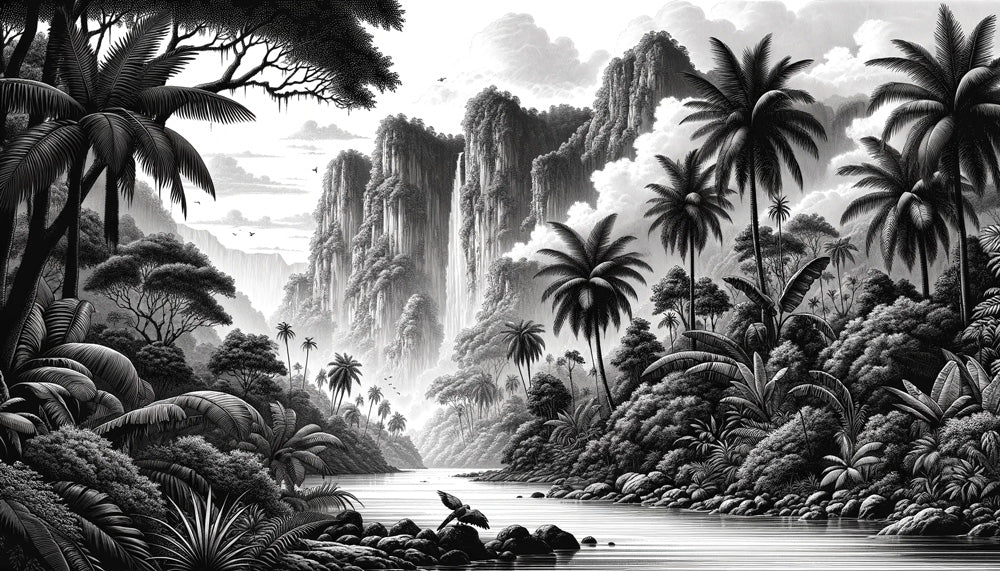 Black and white tropical paradise design file showing detailed palm trees and waterfall pattern