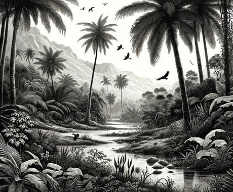 Black and white tropical paradise design file showing detailed palm trees and mountain landscape pattern