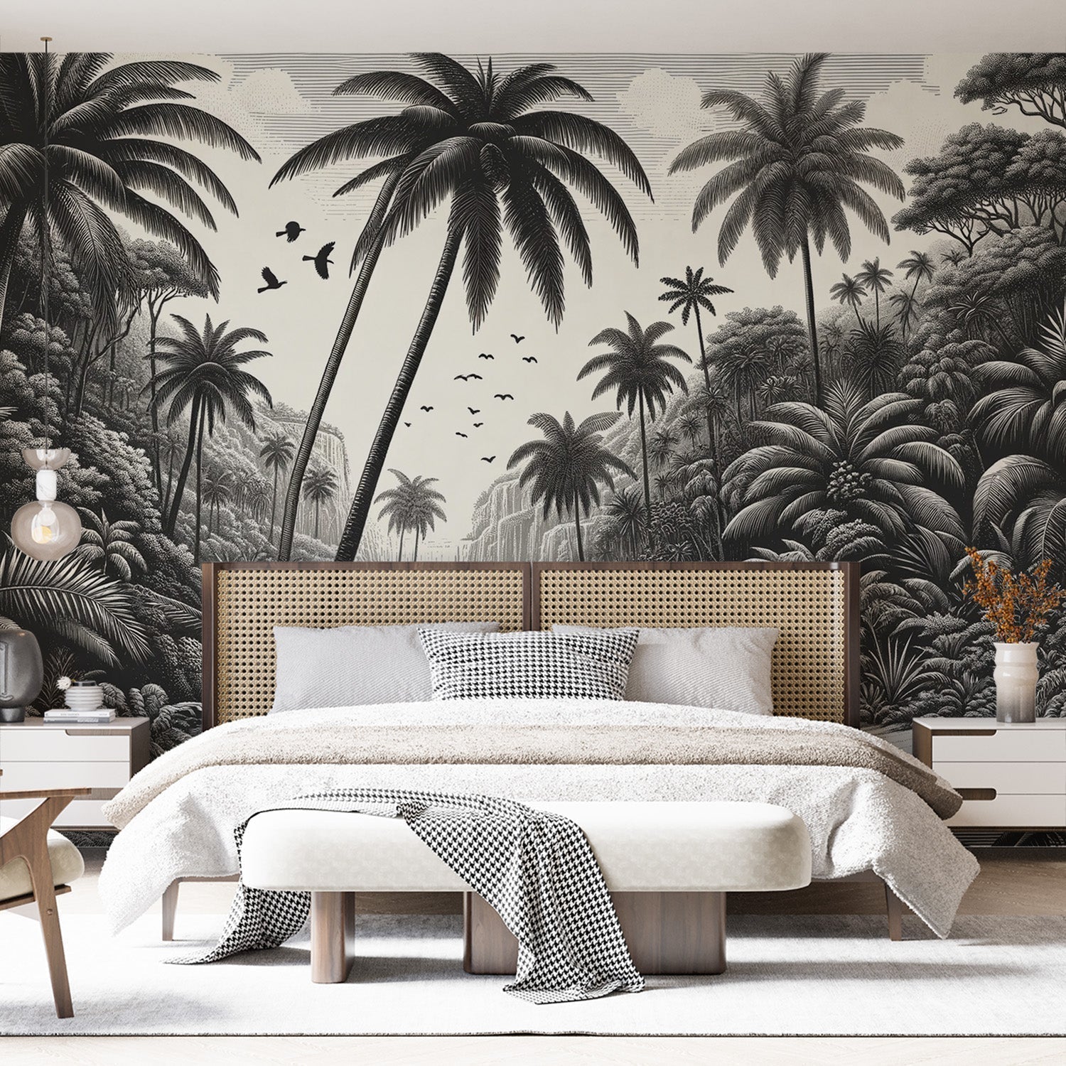 Black and white tropical paradise wallpaper creating a dramatic focal point in a modern living room with minimalist furniture