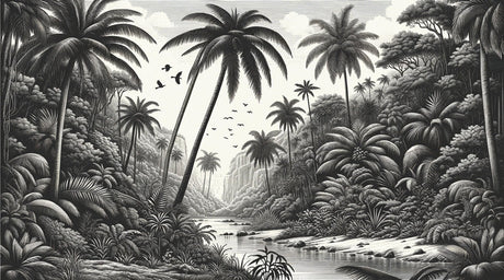 Black and white tropical paradise design file showing detailed palm trees and landscape pattern