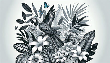Black and white tropical parrot wallpaper design file with blue butterflies, showing intricate pattern details