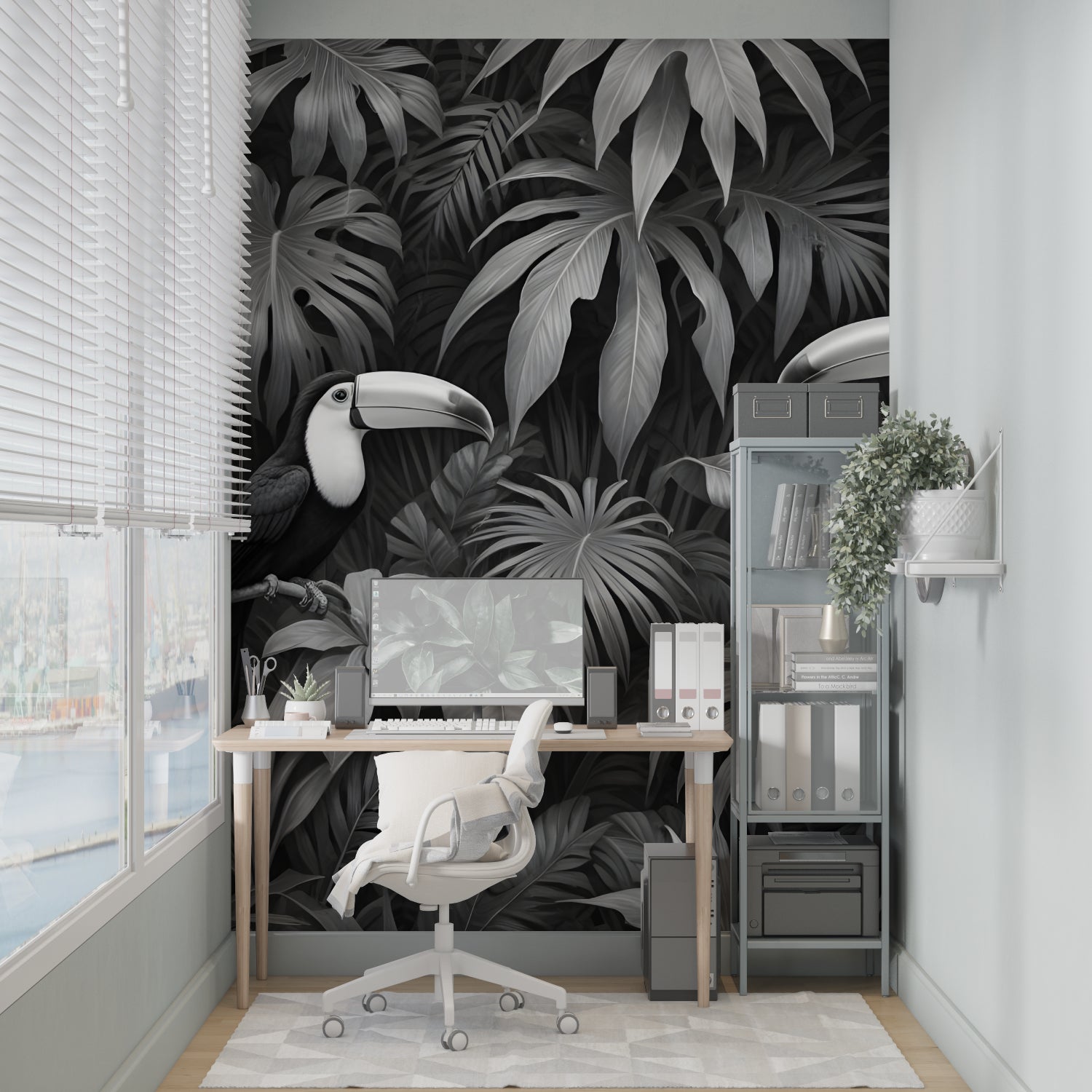 Sophisticated black and white jungle mural transforming a bedroom wall