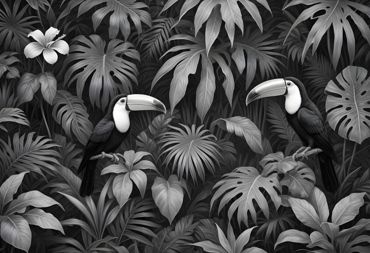 Black and white toucan jungle design file showing intricate leaf patterns and bird details