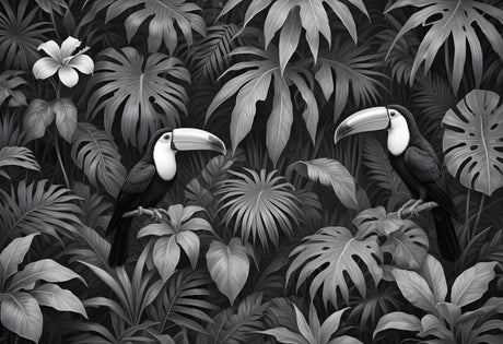 Black and white toucan jungle design file showing intricate leaf patterns and bird details