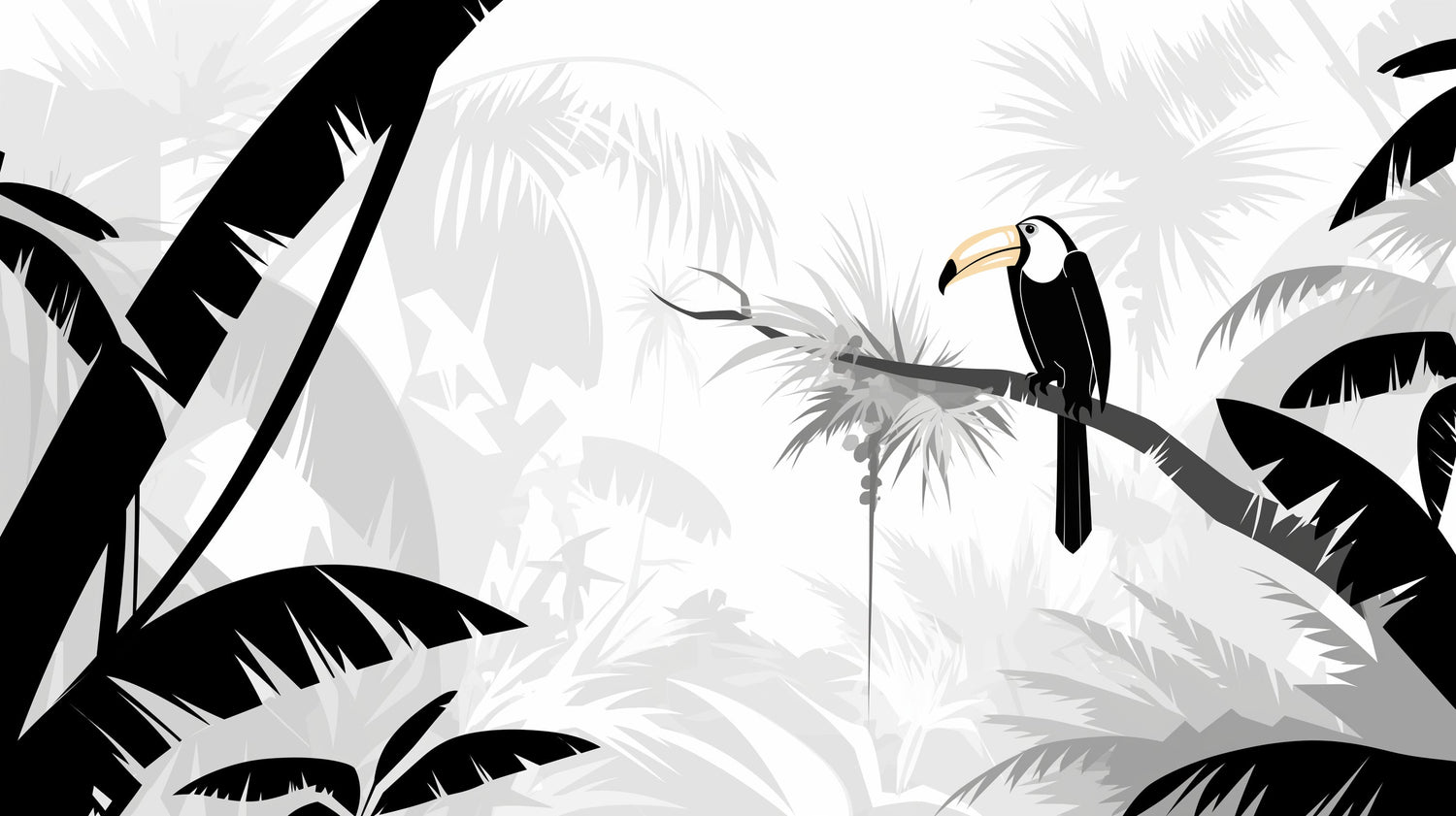 Black and white toucan paradise wallpaper design file showing detailed palm fronds and exotic foliage pattern