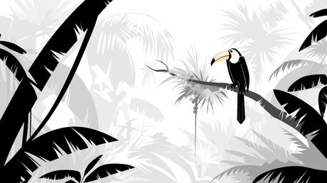 Black and white toucan paradise wallpaper design file showing detailed palm fronds and exotic foliage pattern