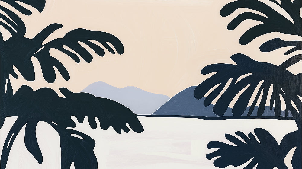 Black Monstera silhouettes with mountains design file showing full pattern and detail