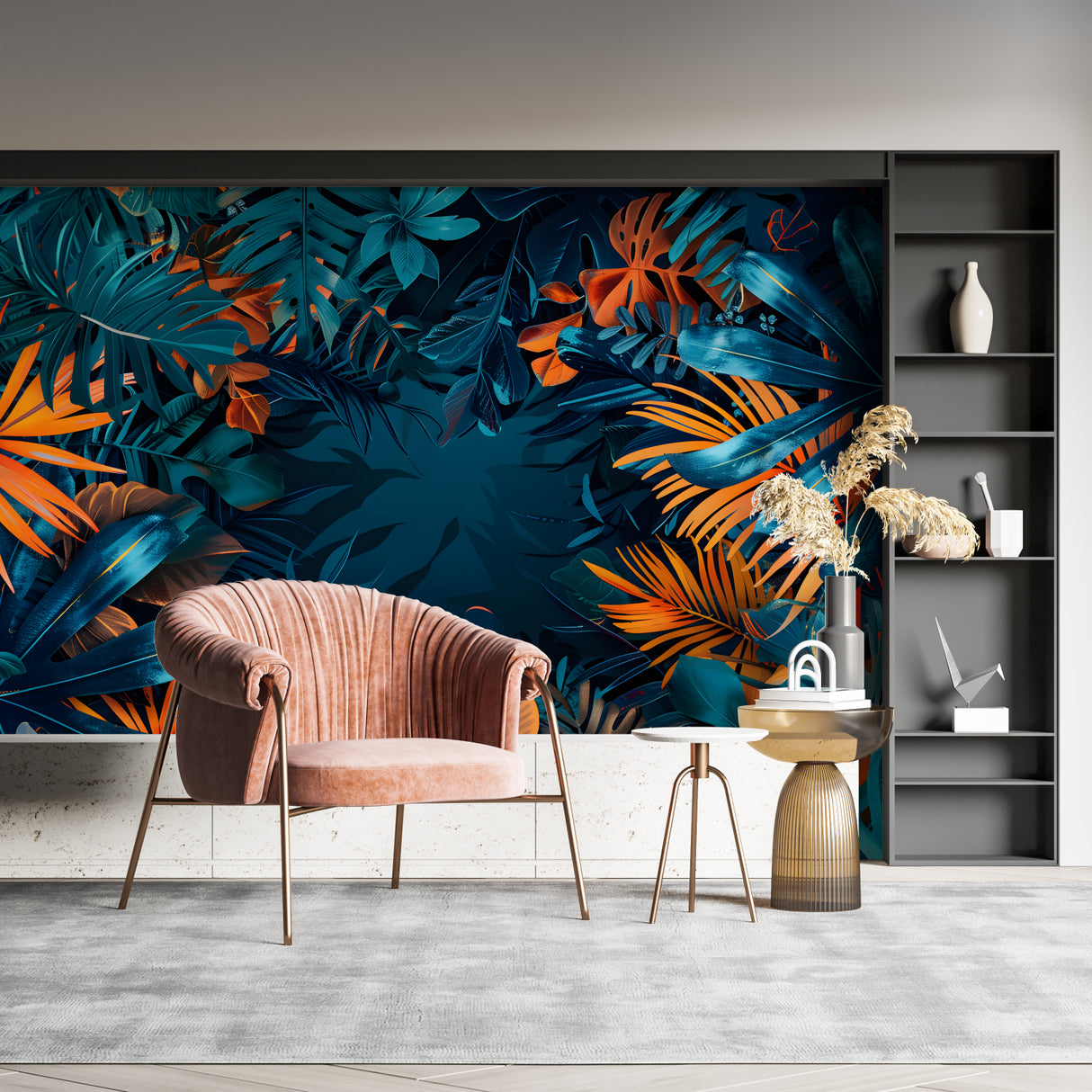 Tropical leaf wallpaper in a modern living room, blue and orange leaves creating a bold accent wall