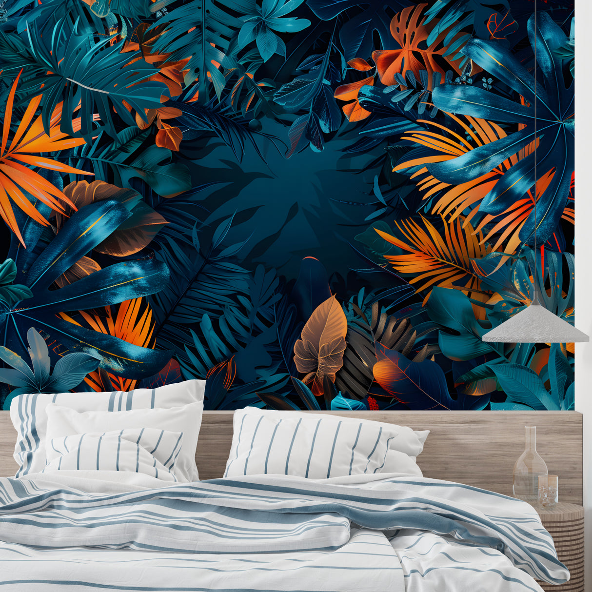 Exotic leaves mural in a bedroom, showcasing the deep turquoise and orange botanical pattern