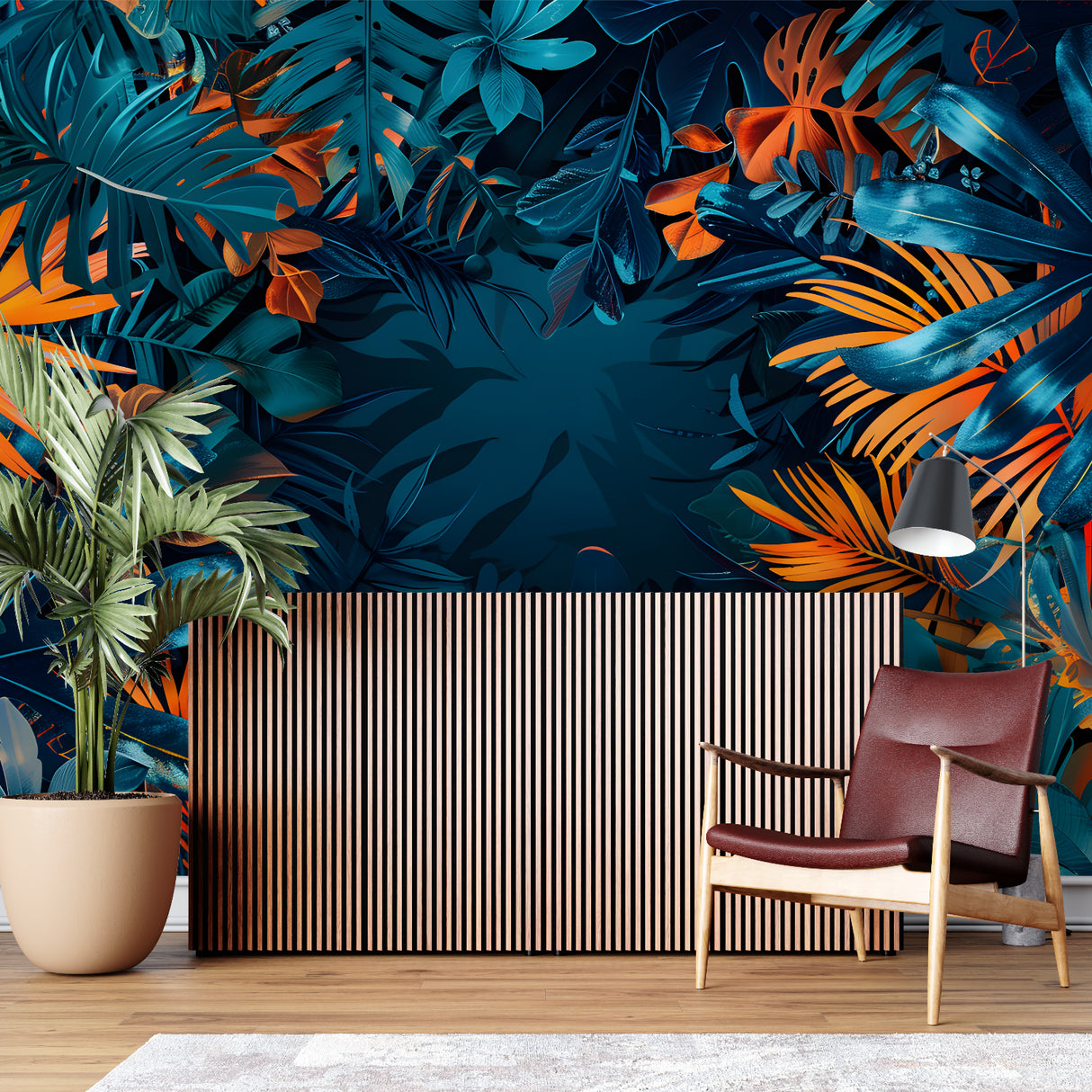 Blue and orange tropical wallpaper in a home office, bringing nature indoors