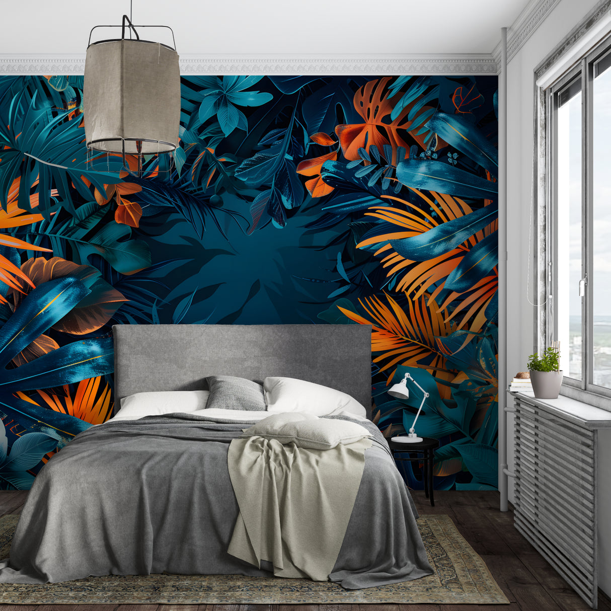 Tropical foliage mural displayed in a dining room, navy backdrop creating depth