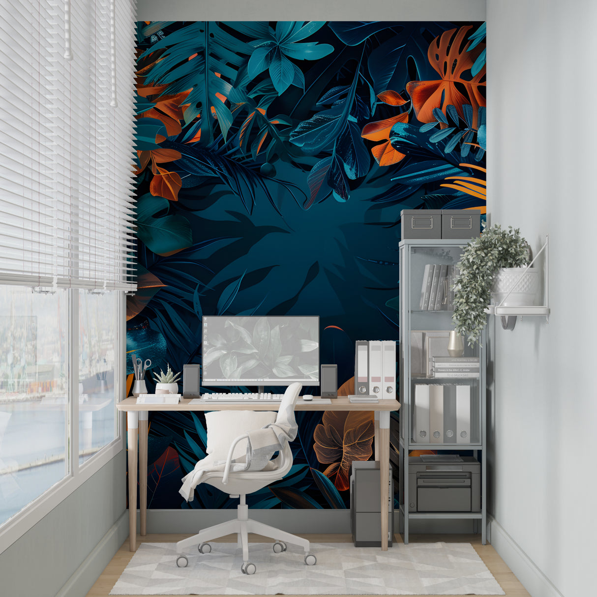 Modern botanical wallpaper in an entryway, featuring vibrant orange and blue leaves