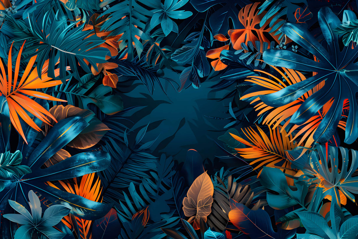 Tropical leaves design file showing detailed blue and orange exotic foliage pattern