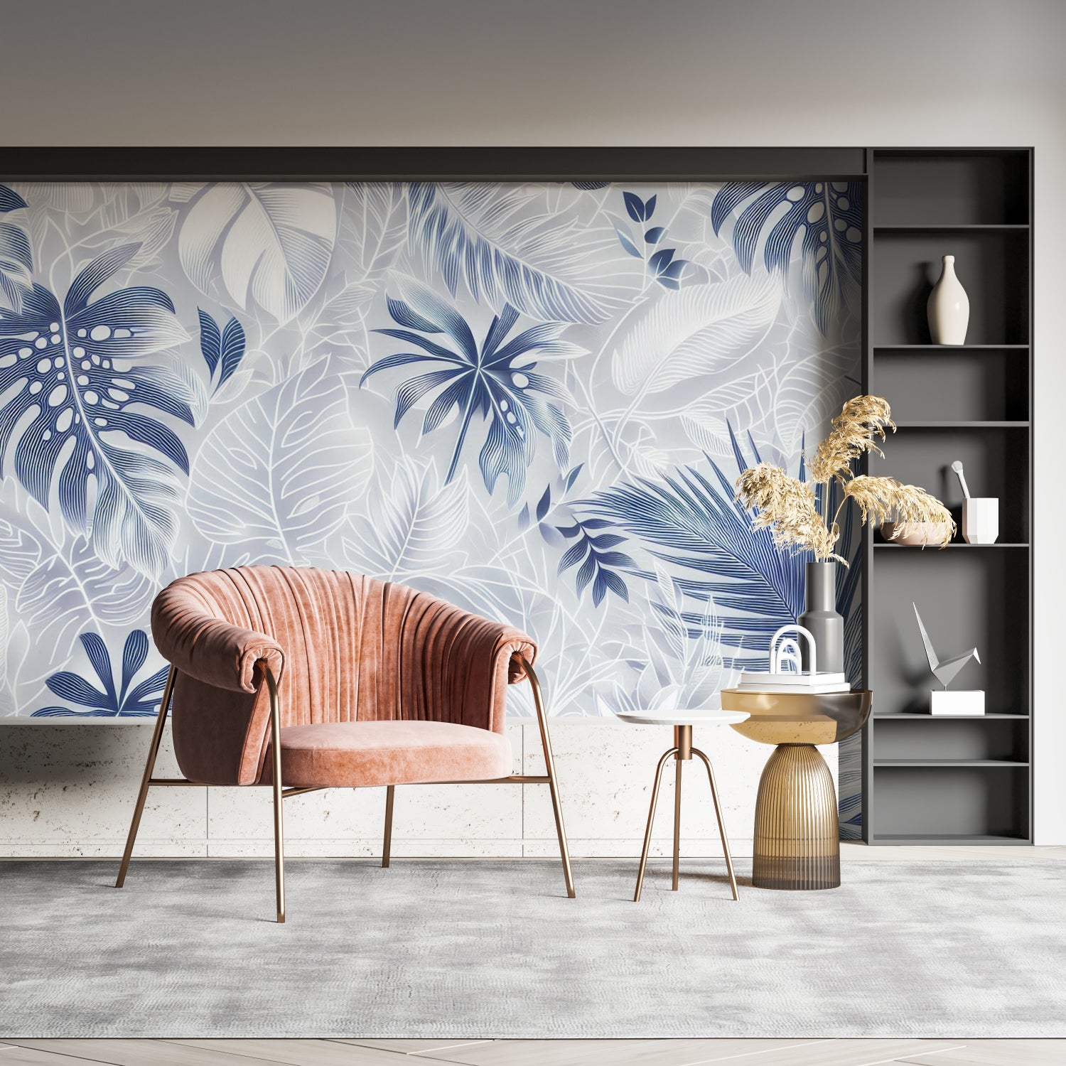 Master bedroom featuring elegant blue Monstera leaf wall mural adding peaceful vibes