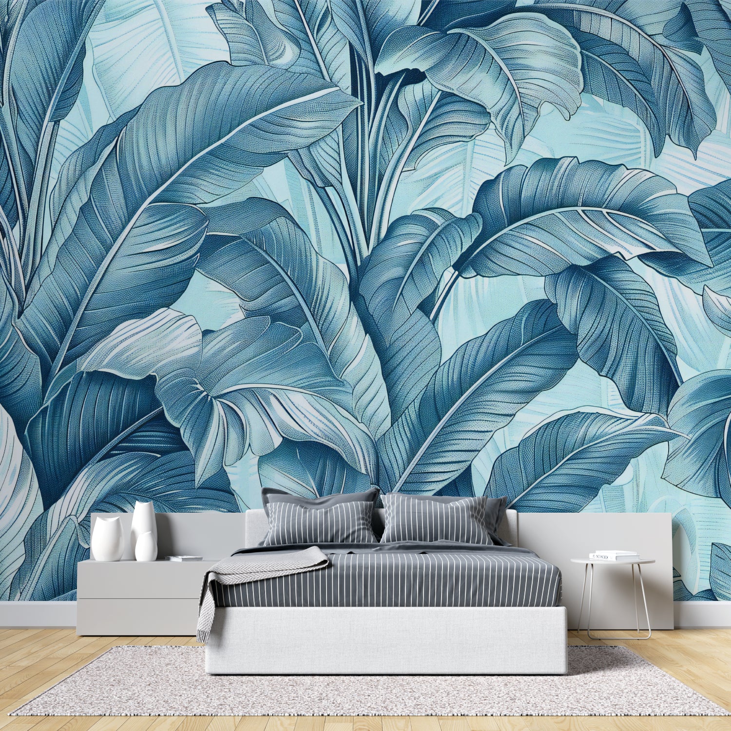 Blue botanical wallpaper creating a fresh look in a modern home office