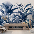 Tropical Botanical Paradise Wallpaper in blue tones creating a serene atmosphere in a modern living room setting