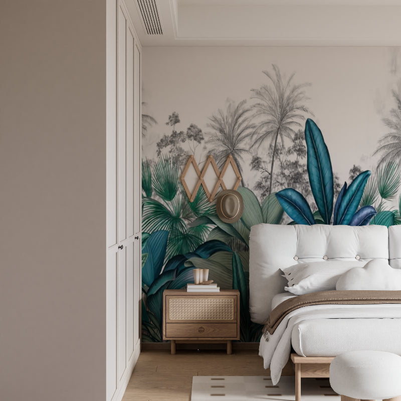 Tropical palm wallpaper bringing life to a home office space